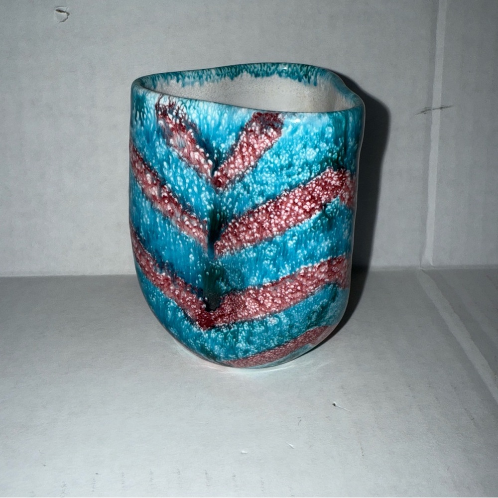 Handcrafted Blue and Pink Ceramic Vase Signed Italy 95/153